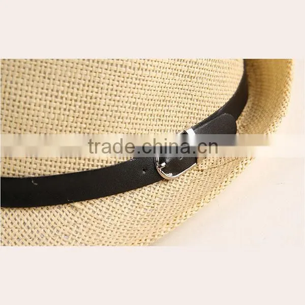 2015 Hot sell blank boys summer straw hat fedora hat paper straw hat fedora with button 6colors