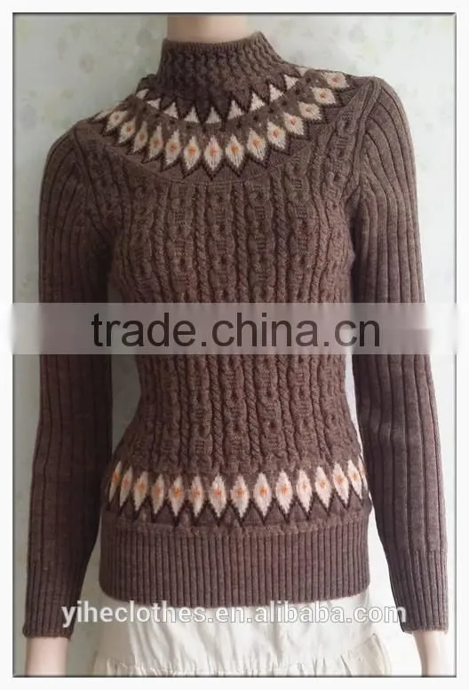 100% Wool knitting wear long sleeve turtleneck vintage stretch braid women sweater