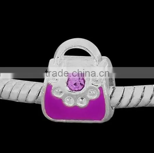 Vnisatr silver plated pink&cyan&purple enamel handbag shaped european beads with crystals PBD2505