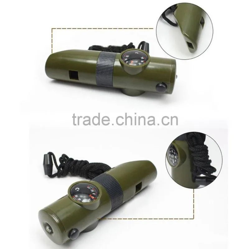 Multifunctional 7 in 1 Camping Outdoor Whistle with Compass Magnifier LED Flashlight Thermometer For Emergency Survival Tool