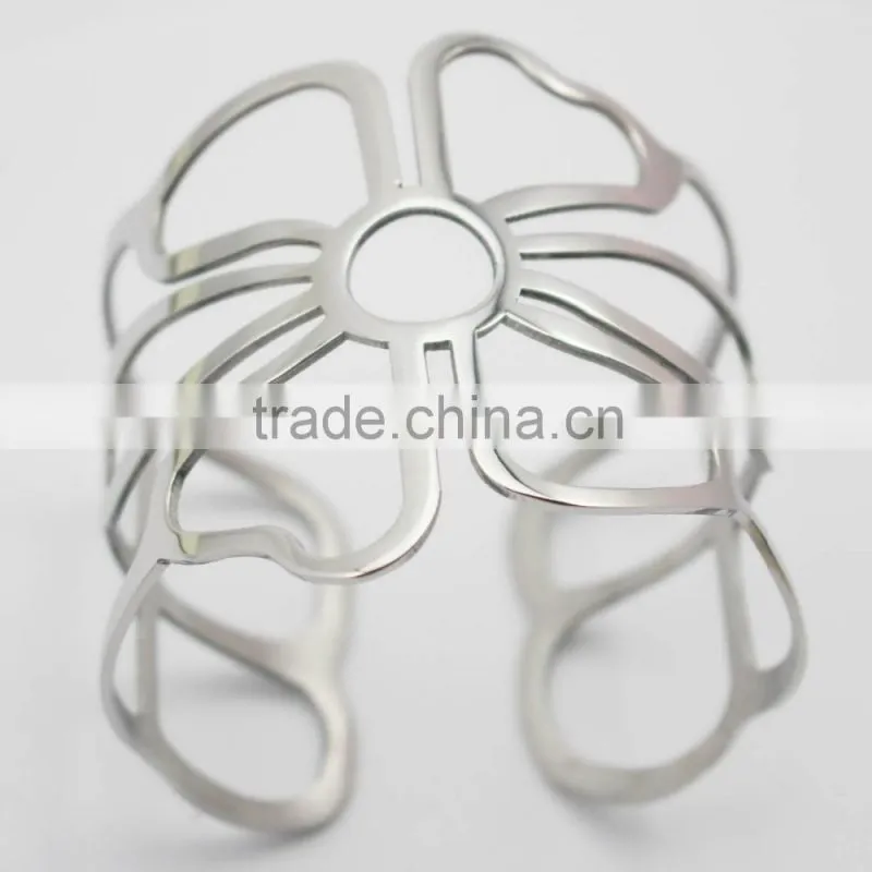 Stainless Steel Wide Plain Silver Flower Cuff Bangle Jewelry