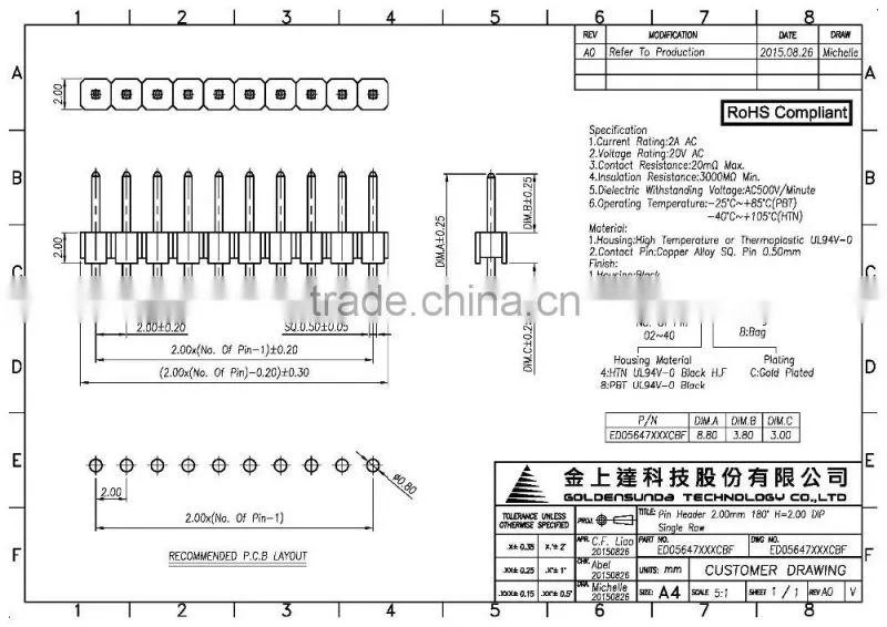 2mm Pitch Board to Board Pin Header 2 ~ 40 Pin Connector Single Row