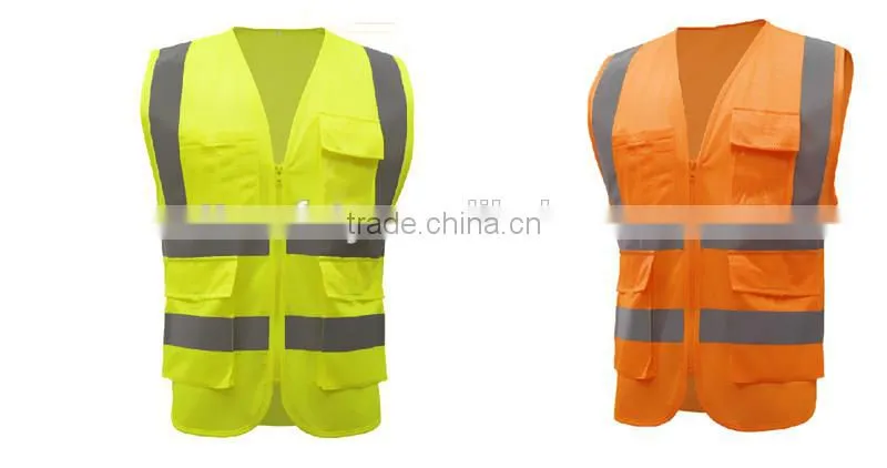 mesh high visibility fluorescence multi pockets uniform work jacket with reflective strips