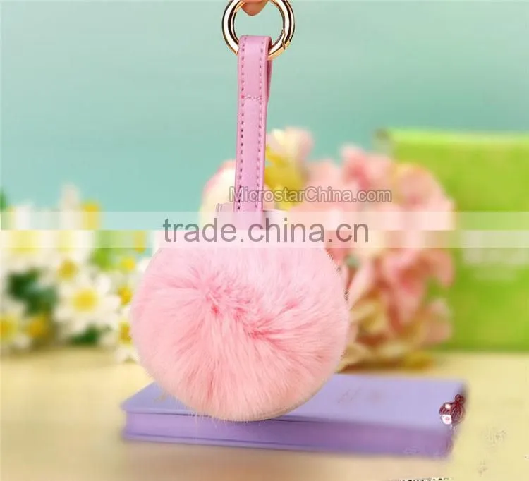 9cm Genuine Rex Rabbit Double Makeup Mirror Keychain Fur Ball Key Chain