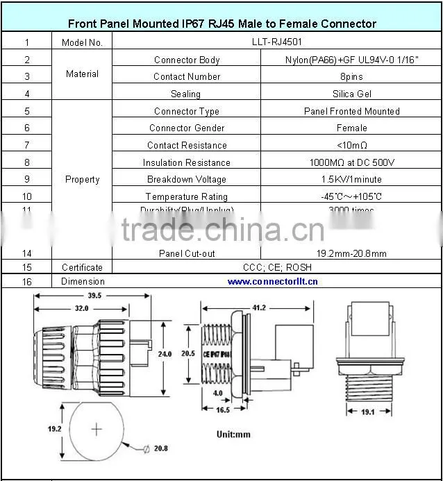 LLT high quality IP67 RJ45 connector waterproof Cat 5e cable connector