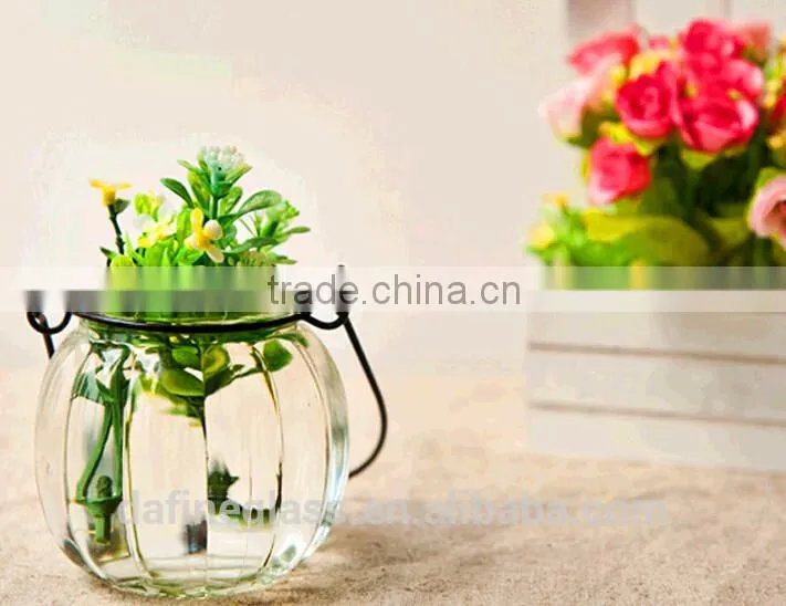 Pumpkin Shape Glass Vase Bottle for plant With Metal Handle Candle Hydroponic/Home Decoration