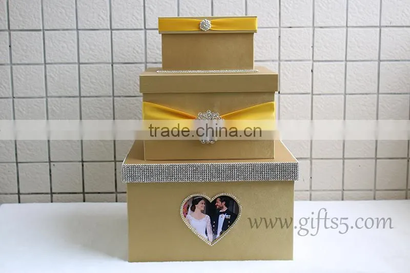 Elegant gold wedding gift card box with rhinestones