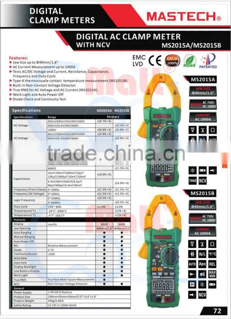 Mastech MS2015B Digital Clamp On Meter Meters Frequency Resistance Capacitance Multimeter
