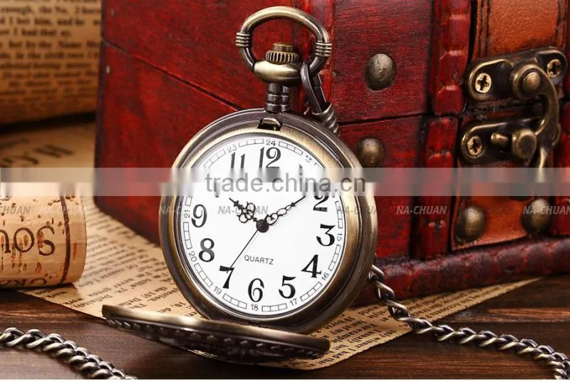 Bronze Steam Train Men Analog Necklace Chain Pocket FOB Quartz Watch