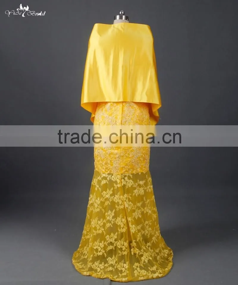 RSE676 Yellow Sexy See-Through Lace Back Open Evening Dress With Shawl