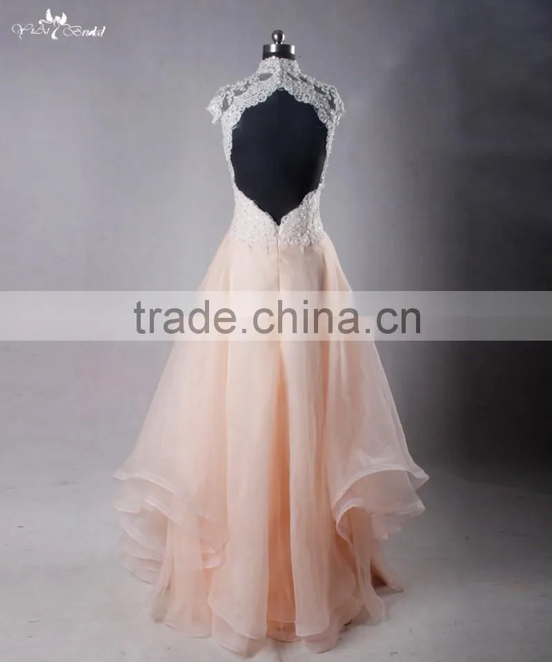 RSE703 High Neck Sexy Lace Floor Length Backless Blush Organza Cheap Pink Wedding Dresses