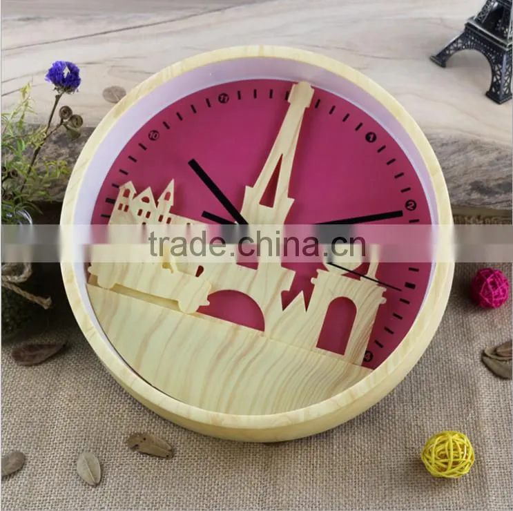 Fashion 10" Wood Color Clock With Iron Tower Shape, Creative Mute Wall Clock For Decoration