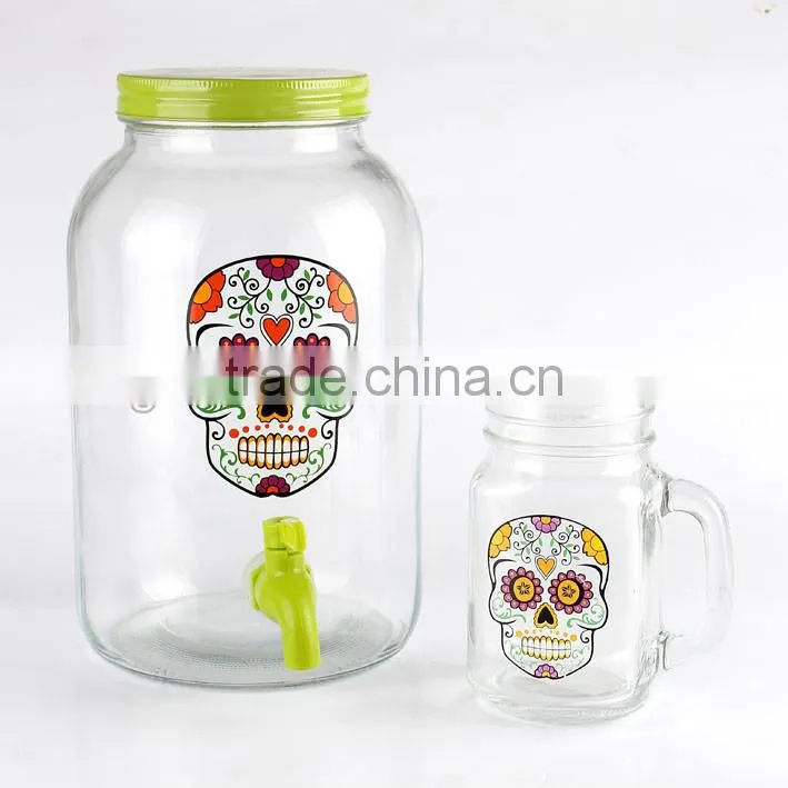 3L Happy Halloween Skull Glass beverage dispenser and mason jar