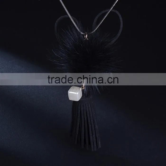 autumn winter mink hair ball pendant necklace velvet tassel long necklace long sweater necklace