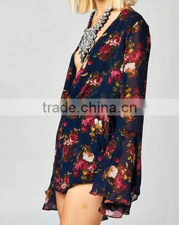 cheap 2015 sexy ladies Long bell sleeve Deep V neck print floral plus size loose short chiffon playsuit romper jumpsuit