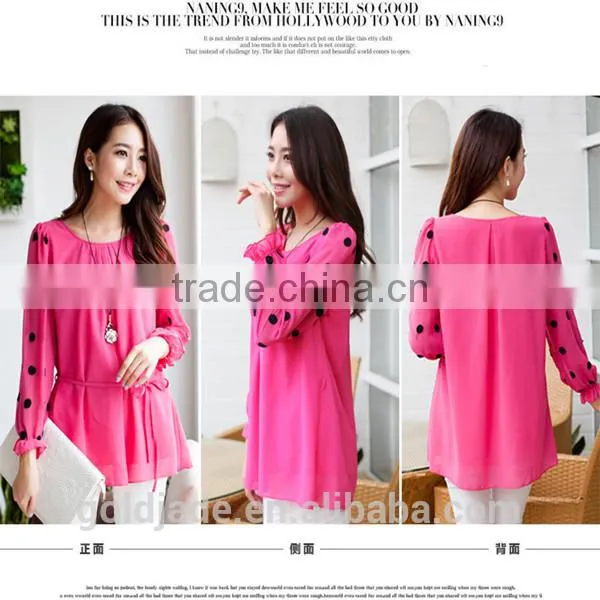 OEM lady sexy loose rose red and black chiffon dot round collar long petal sleeve blouse
