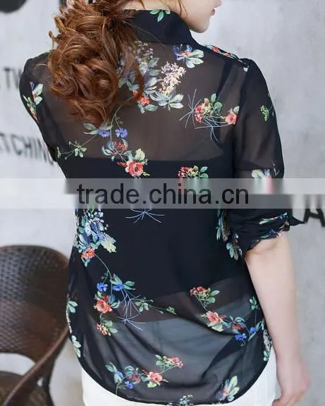 Hot black floral print chiffon shirts for woman chiffon long sleeve chiffon tops