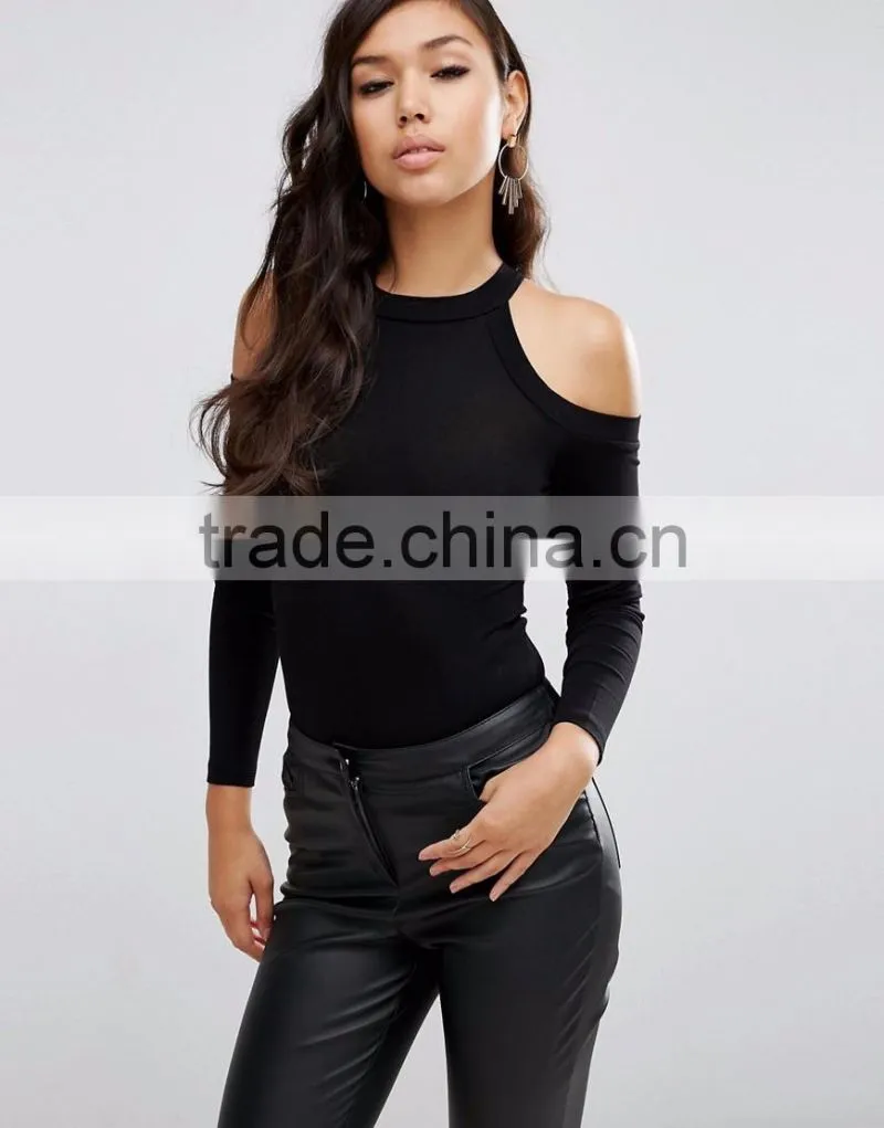 High Neck And Cold Shoulder Bodysuit Plain Black Spandex Tight Bodysuit Women Wholesale Price