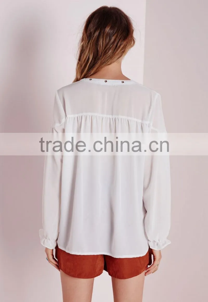 Latest design korean style fashion women blouse o-neck chiffon style blouse