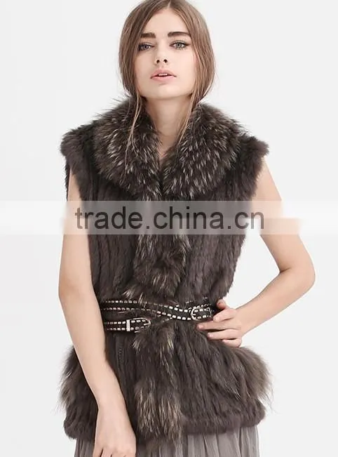 YR644 Women Genuine Rabbit Hand knit with Raccoon Fur Waistcoat Yanran Fur Factory OEM Order Fur Gilet