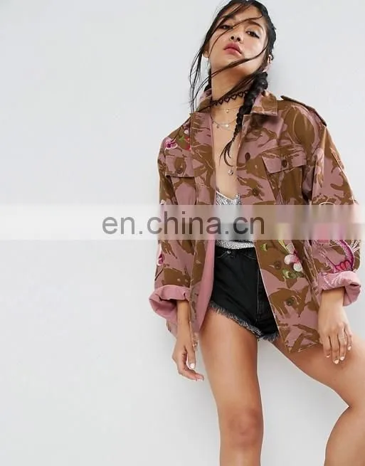 Fashion latest design embroidery long sleeve midweight woven button-flap women 100%cotton camouflage camo print jacket