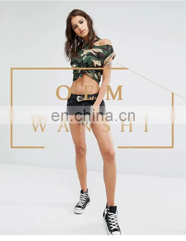 Latest cold shoulder women summer short sleeve crop blouse camouflage print t-shirts