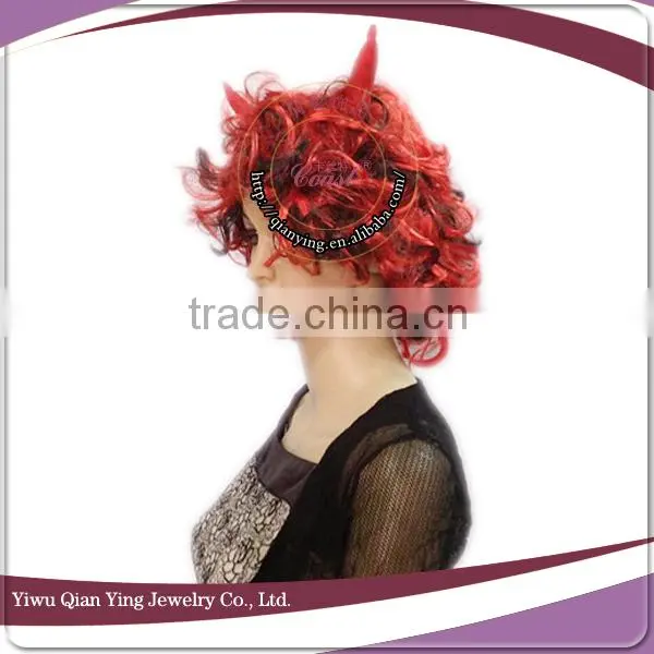 Hot Sale short curly red halloween devil hair wig with ox horn