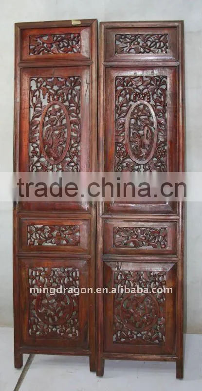 Antique Chinese Head Carved Wood Window Pane Blossom Panel Shutter