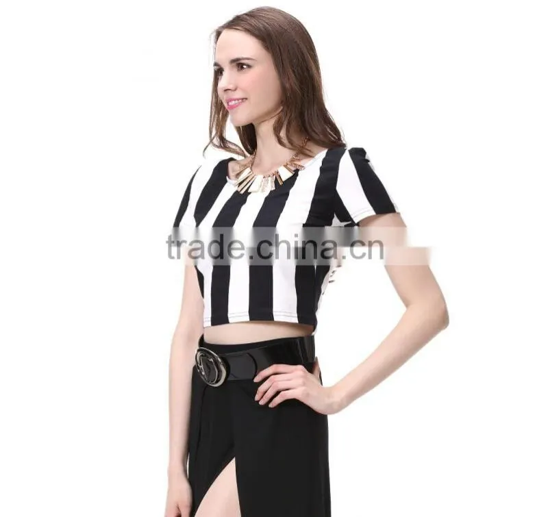 Black and White Stripe Women Fashion T Shirt Design China Factory Supplied