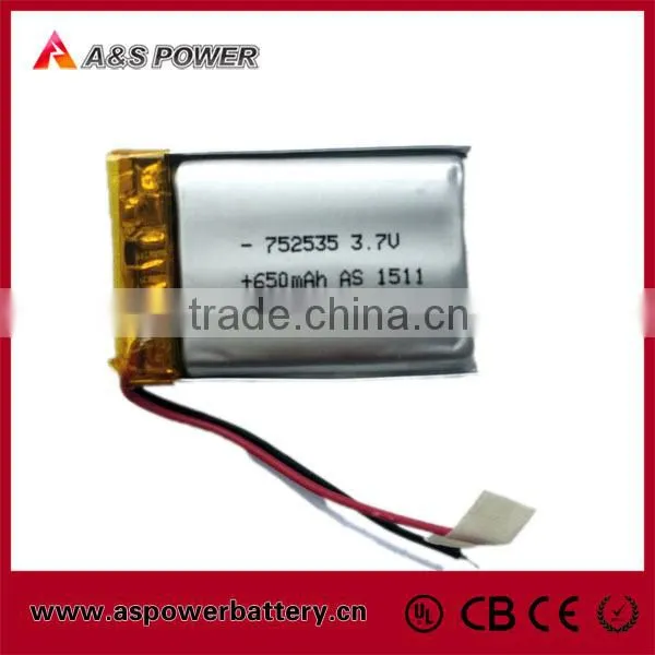 Rechargeable 752535 li-ion polymer 3.7v 650mah battery for bluetooth headset