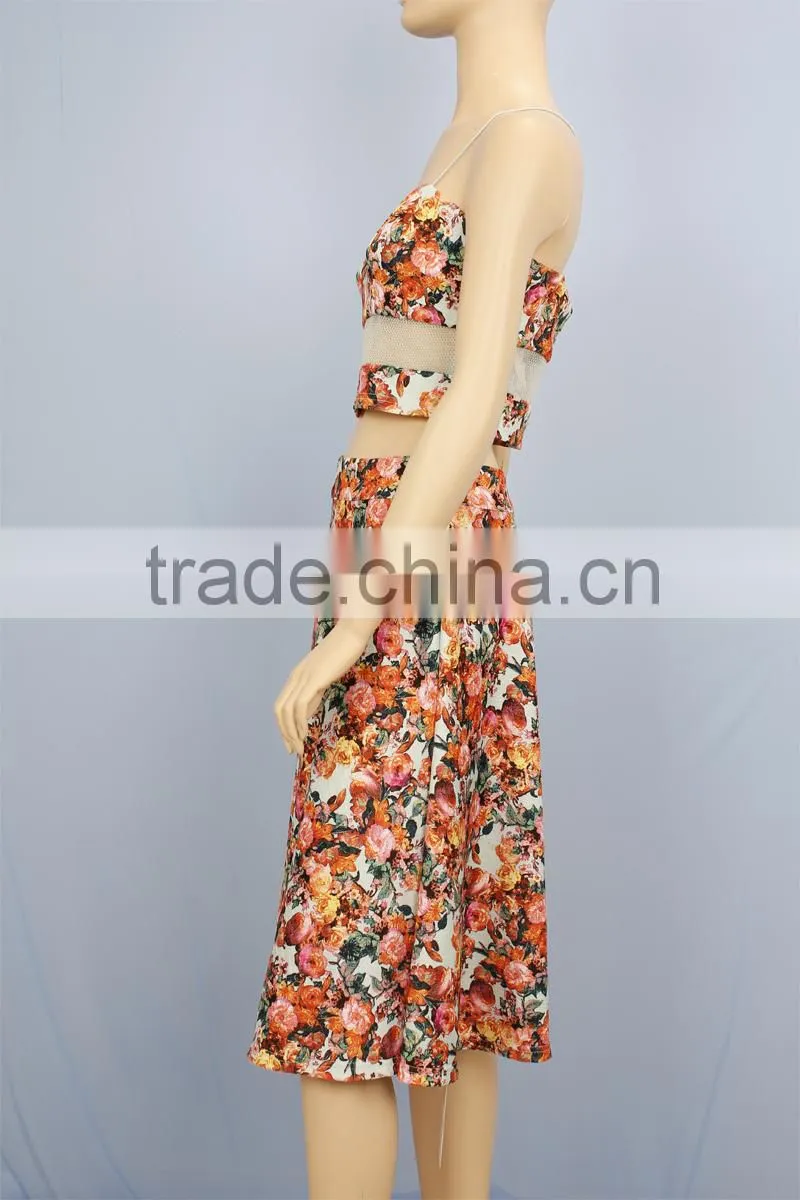 2016 girls fashion flower print sleeveless tops and long skirt lady two-piece suit