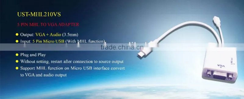 Micro USB 5 pin MHL adaptador VGA + audio for Samsung Galaxy S2 note smart phone