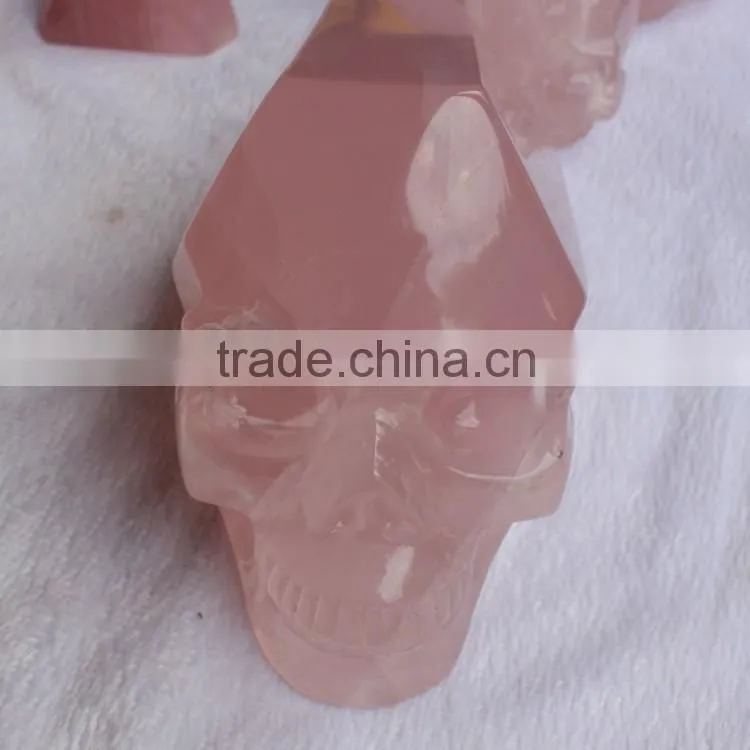 hand made rose quartz natural carved stone skull for healing wands