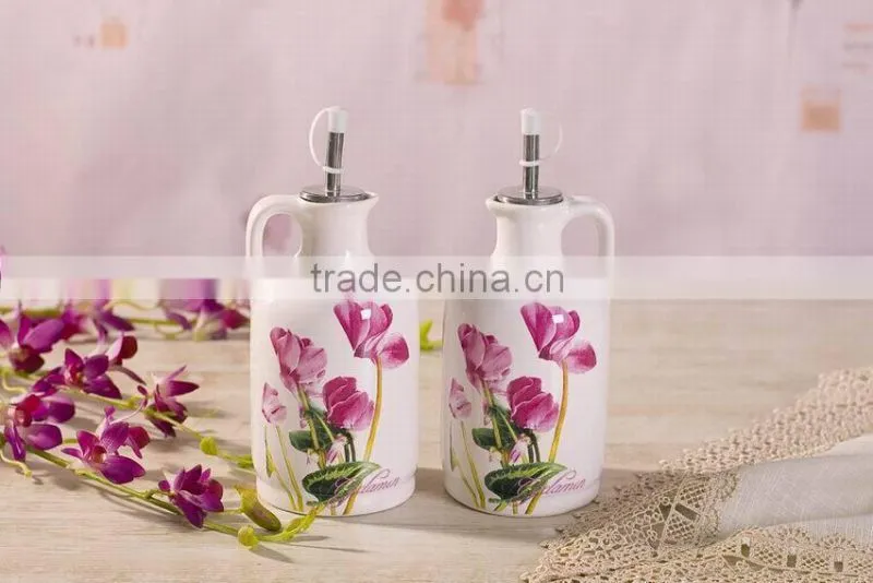 Elegant Flower Decal Ceramic Oil and Vinegar Bottles Set for Kitchen