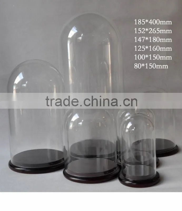 hot sale clear glass bell jar dome with wooden base in many size