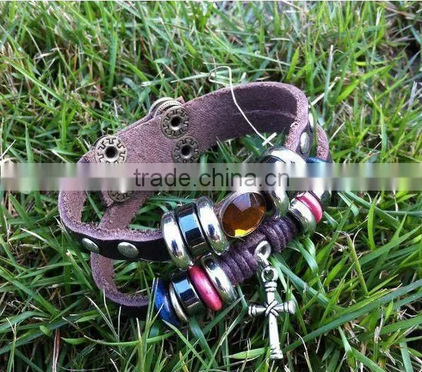 punk style genuine leather bracelets for students with cross drop