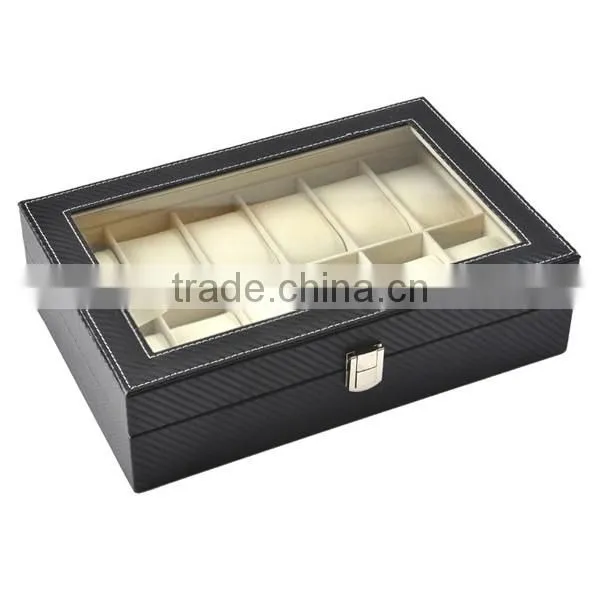 2017 Hot Selling 12 Slot PU Carbon Fiber Pattern Packing Box For Watch, Exquisite Display Boxs For Watch