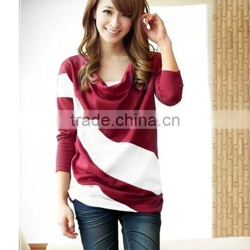 Fashion Women 2015 Clothes Spring Bat Sleeve Stitching Long Sleeves T-shirts Patchwork Stripe Casual Tops Blouses