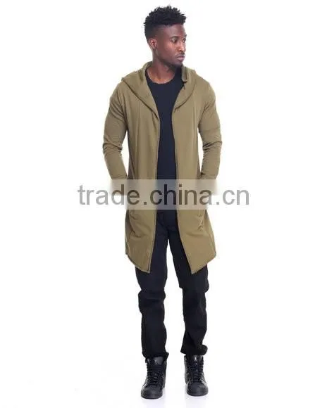 Open front Long sleeve men's elongated hoody coat attached hood made in China factory