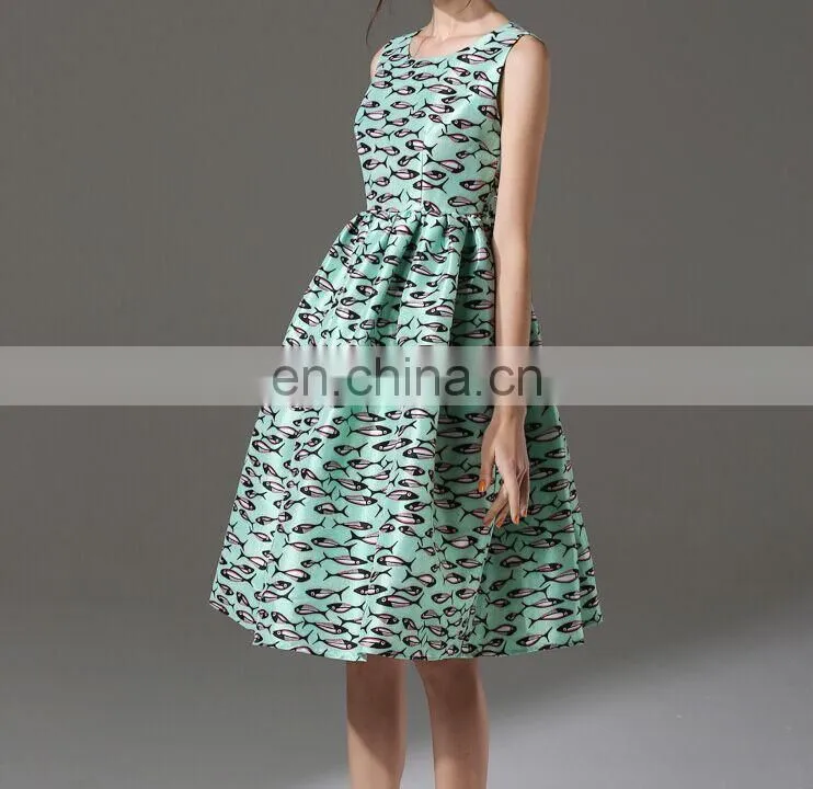 sea blue dress / knee length fish patterned skirt / sleeveless skirt