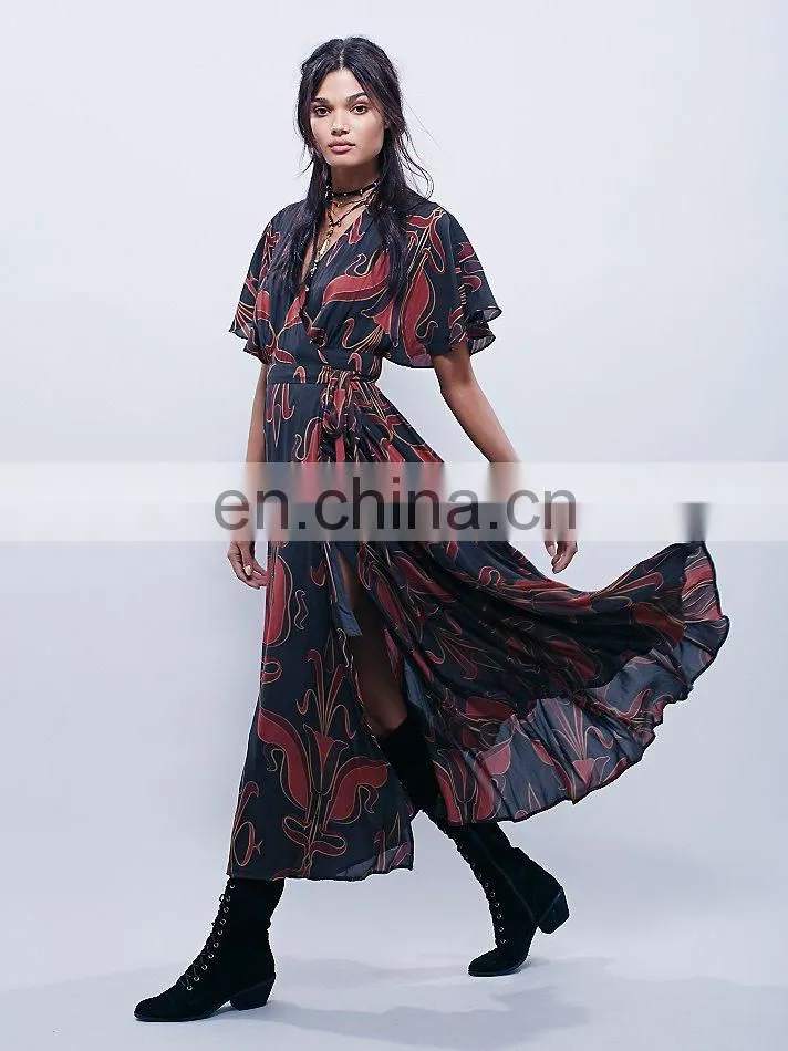 High quality deep v neck maxi wrap dress lady, long print wrap dress