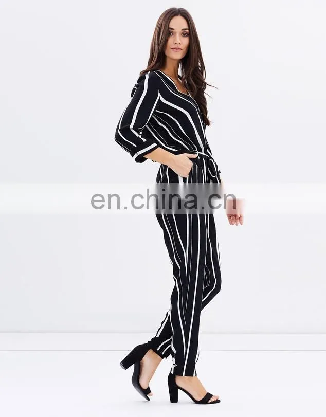 Cheap Wholesale Custom Printing One Piece Jumpsuit Stripe Wrap Autumn Women Fashion Jumpsuit