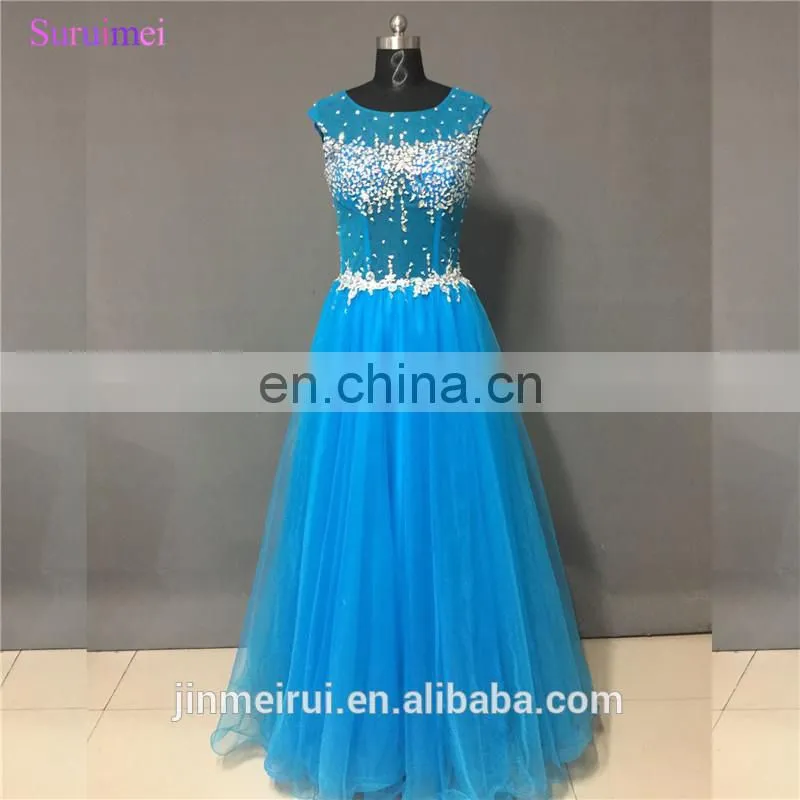 Brilliant Blue Gown High Illusion Neckline Keyhole Open Back Formal Long Prom Dresses Party Evening Dresses 2017 WH579