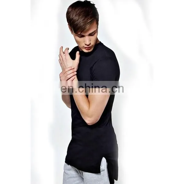 2016 new plain Slim Fit Longline T Shirt with Stepped Hem long lin t shirt men