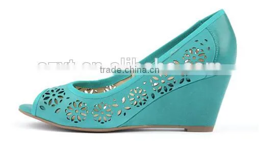 Fashion green color peep toe laser upper wedge heel women shoes