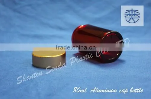 80ML amber plastic bottle with Aluminum screw cap, amber PS pill bottle, Amber acrylic bottle with silvery / golden cap