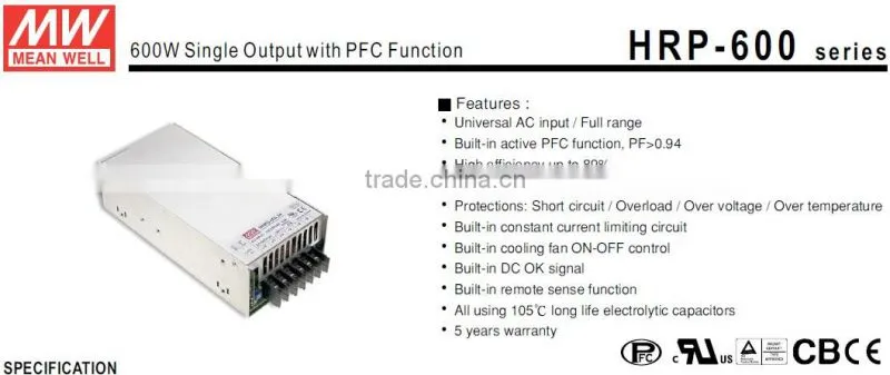 Meanwell 600W AC/DC switching power supply/600W Single Output with PFC Function/switching power supply design