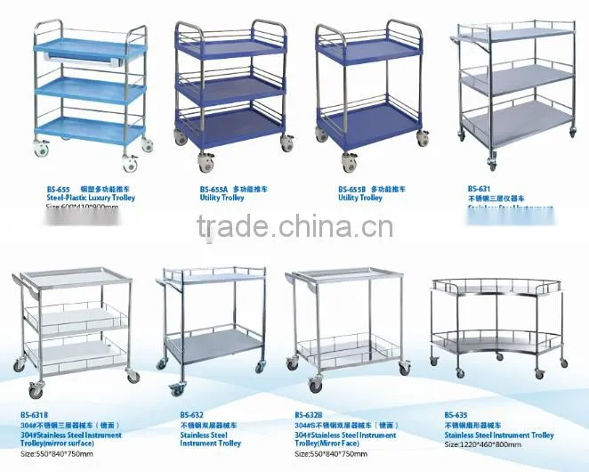 3-shelf steel-plastic hospital cart dining room trolley with castor