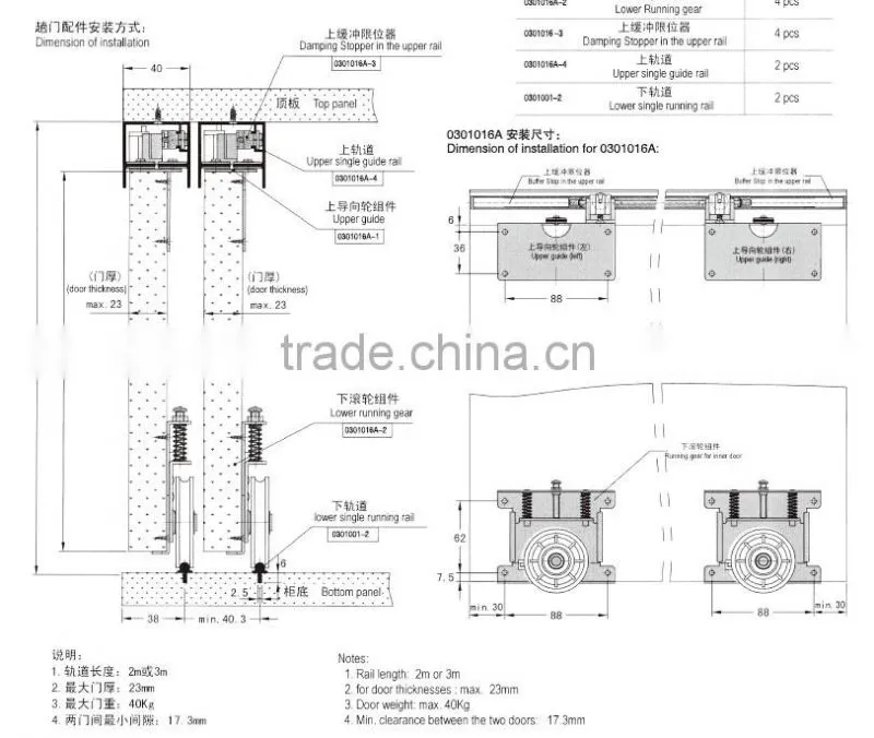 steel and nylon sliding door mechanism equip with soft close for inner wardrobe door