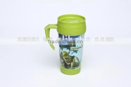 BPA free 450ml double wall plastic mug with paper insert/advertising mug with handle